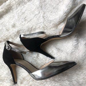 Black and silver pointed toe ankle strap pumps